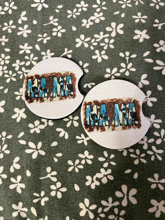 Turquoise & Cow Mama Car Coaster